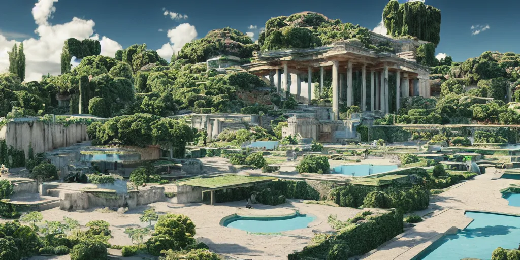 Prompt: verdant classical garden based on the design of carlo scarpa in a future cuty made of travertine temples, aztec starship in the sky, sci-fi, light blue sky with clouds, dramatic matte painting, style by syd mead, 8k, octane render, photorealistic, hyperrealism