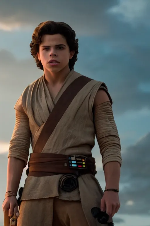 Prompt: jake t. austin as a jedi in star wars the rise of skywalker, 3 5 mm photography, highly detailed, cinematic lighting, standing pose, holding lightsaber 4 k