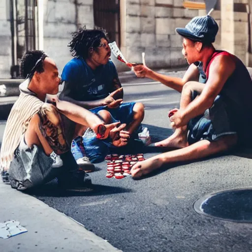 Image similar to with my homies playing street gambling, extremely human detailed, photo hyper realistic, the best photograph of august, pinterest render, vogue render