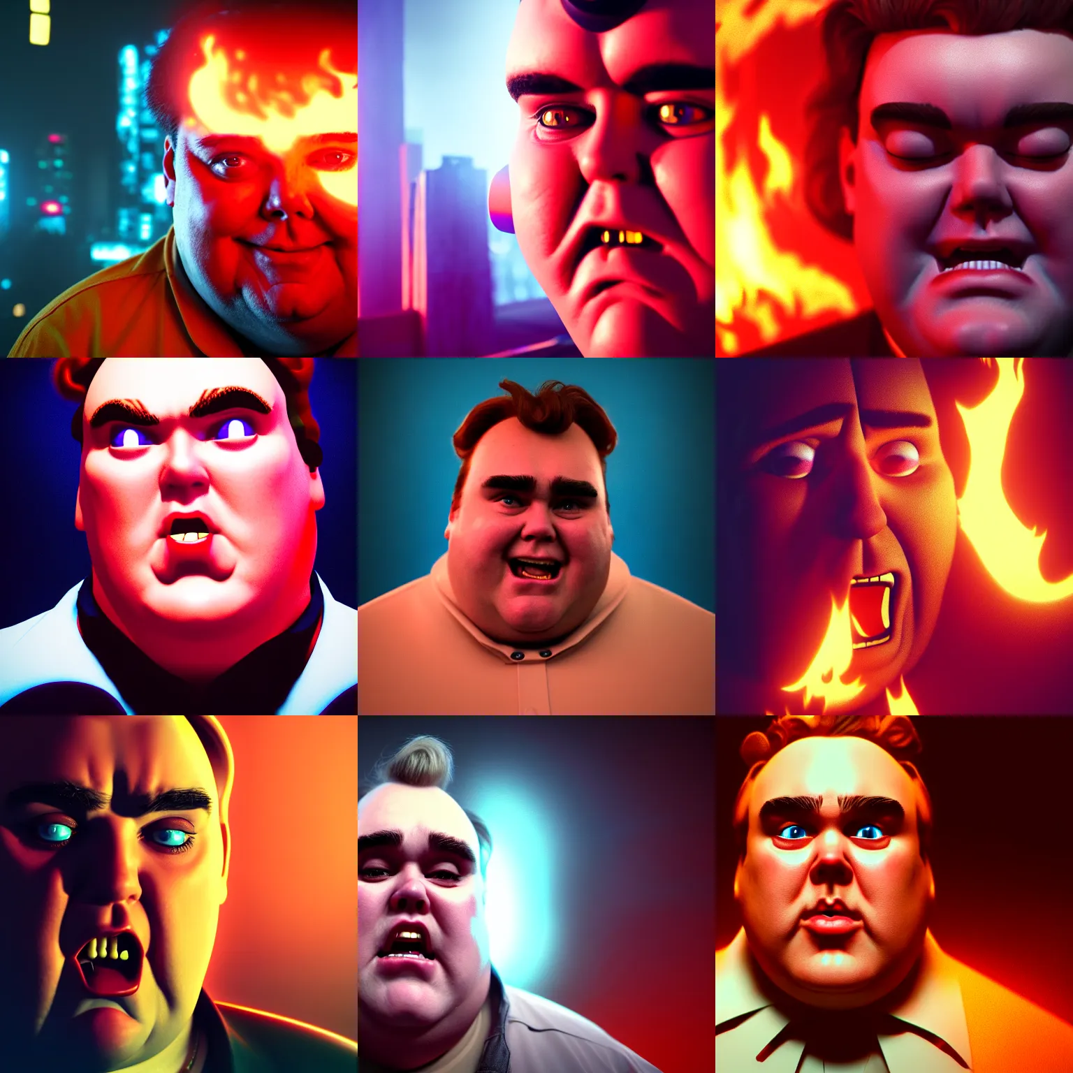 Prompt: portrait of john candy crying in pain, john candy burning in the metaverse, agony and suffering, cyberpunk, digital art, trending on artstation, octane render