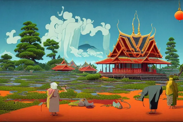 Image similar to summer morning, thai temple, rolling mountain, very coherent and colorful high contrast, art by gediminas pranckevicius, geof darrow, franz sedlacek, dark shadows, hard lighting, ukiyo - e