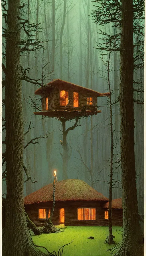 Image similar to cozy home in the woods moody lighting, highly detailed, painting by zdzisław beksinski and norman rockwell and greg rutkowskiweta studio, and lucasfilm