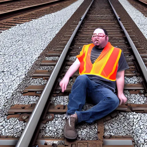 Image similar to factorio engineer laying on train tracks