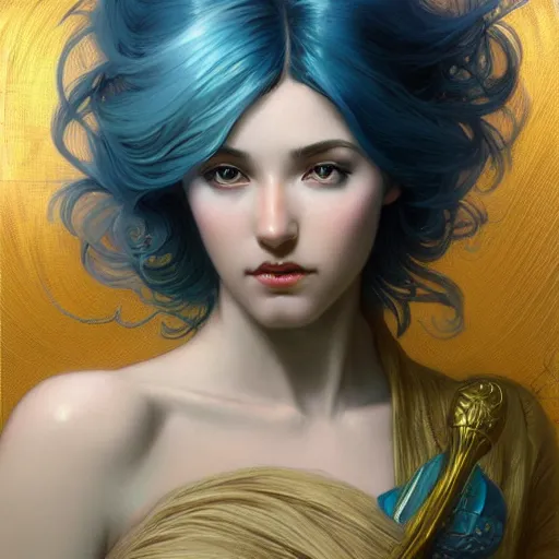 Image similar to goddess, blue hair, intricate, elegant, ethereal, highly detailed, retro, digital painting, artstation, concept art, smooth, sharp focus, long shot, illustration, art by artgerm and greg rutkowski and alphonse mucha