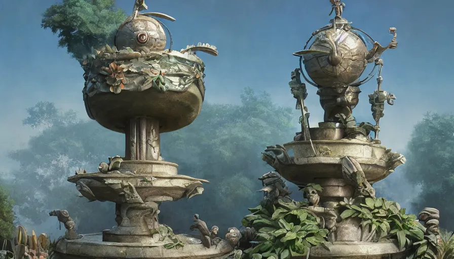 Prompt: craig mullins and studio ghibli illustration of a sculpture of the sun on top of a fountain in a garden, flowers, unreal engine, hyper realism, realistic shading, cinematic composition, realistic render, octane render, detailed textures, photorealistic, wide shot