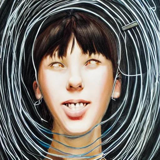 Image similar to beautiful pure evil lain with hundreds of wires coming out of her head, she is in pure bliss, portrait, painting