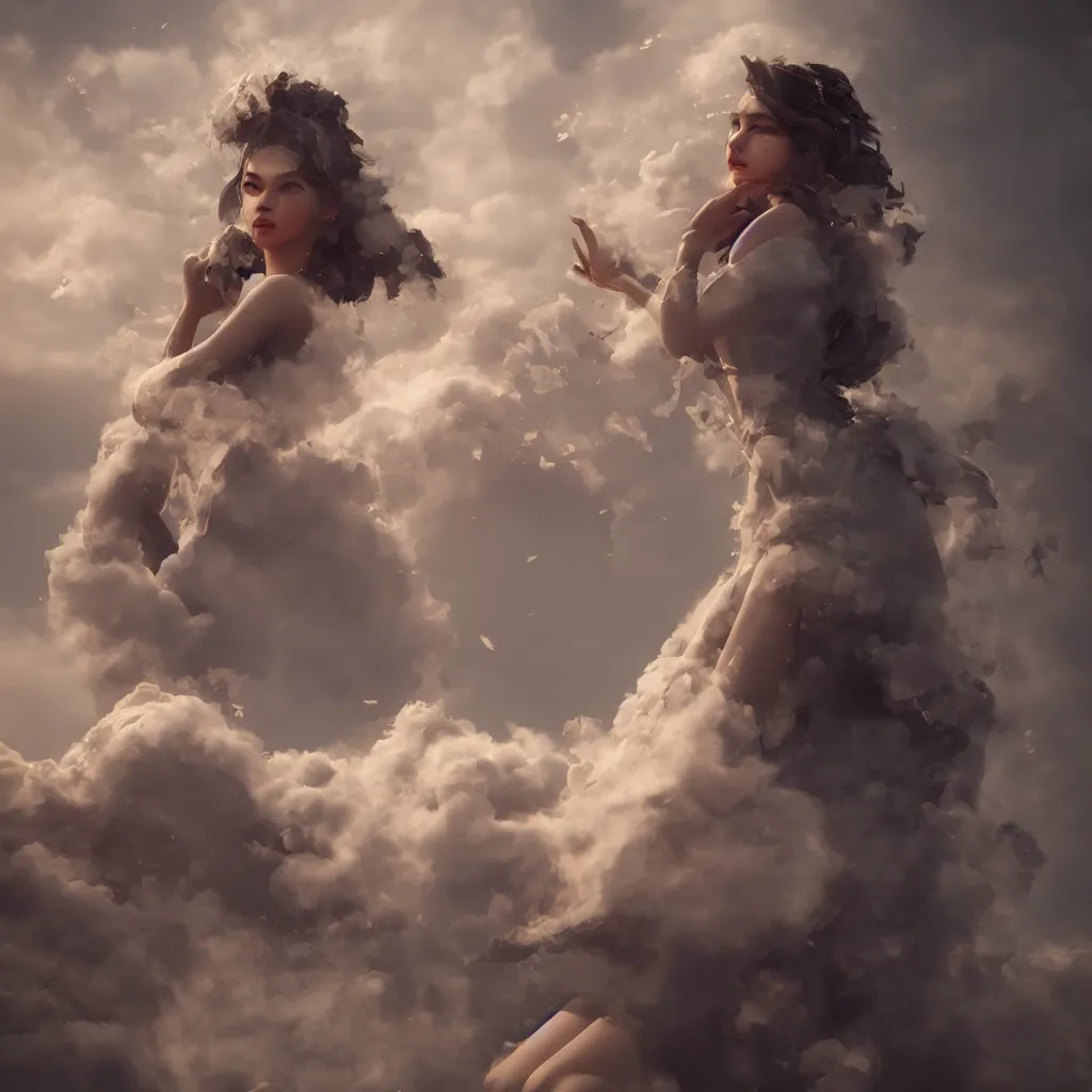 Image similar to beautiful girl in full gown blowing clouds, portrait character concept style trending on artstation concept art detailed octane render cinematic photo - realistic 8 k high detailed