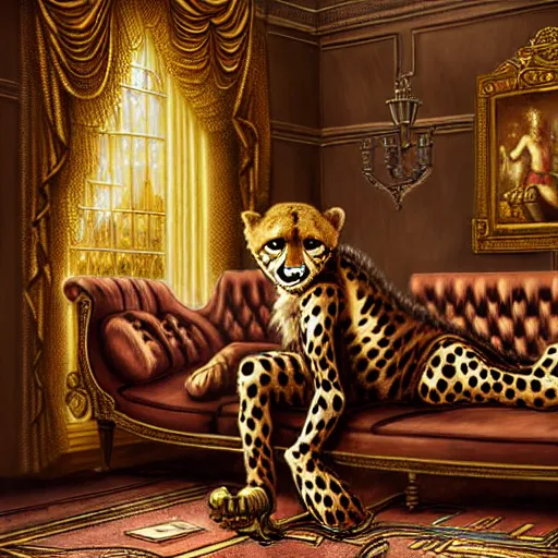 Image similar to A steampunk anthropomorphic cheetah wearing a suit in an opulent palace room by James Gurney. Highly detailed. Incredibly beautiful. Photorealistic.