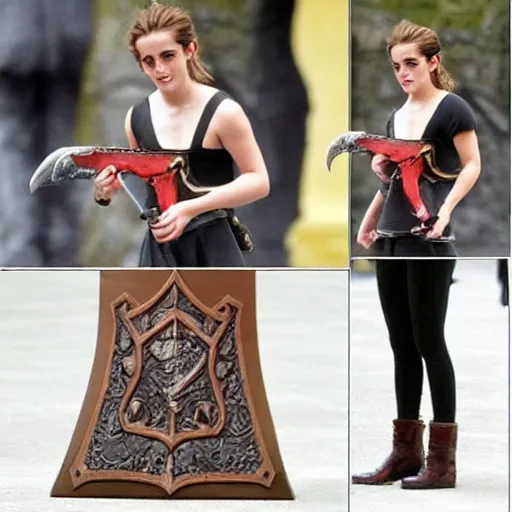 Image similar to Emma Watson holding a real life armadyl godsword from Runescape