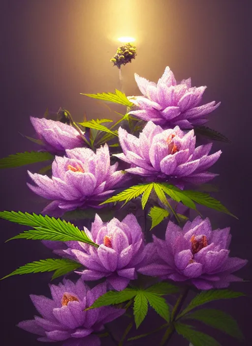 Prompt: a cannabis plant with lilac lotus flowers, rim light, midsommar style, extremely detailed, masterpiece, artstation, cinematic lighting, photographic, by greg rutkowski and wolp