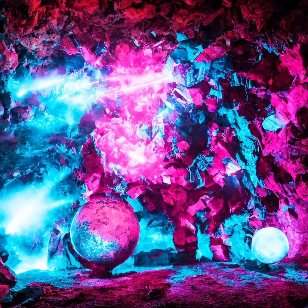 Prompt: cinematic shot of a goth disco in a cave, brutal weapons made of pink lasers and blue crystals forming a sphere, 8k photograph