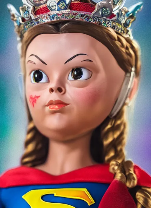 Prompt: closeup face profile portrait of a tin toy greta thunberg as supergirl as a fairytale princess wearing a crown, bikini, depth of field, zeiss lens, detailed, fashion photoshoot, by nicoletta ceccoli, mark ryden, lostfish, breathtaking, 8 k resolution, extremely detailed, beautiful, establishing shot, artistic, hyperrealistic, octane render