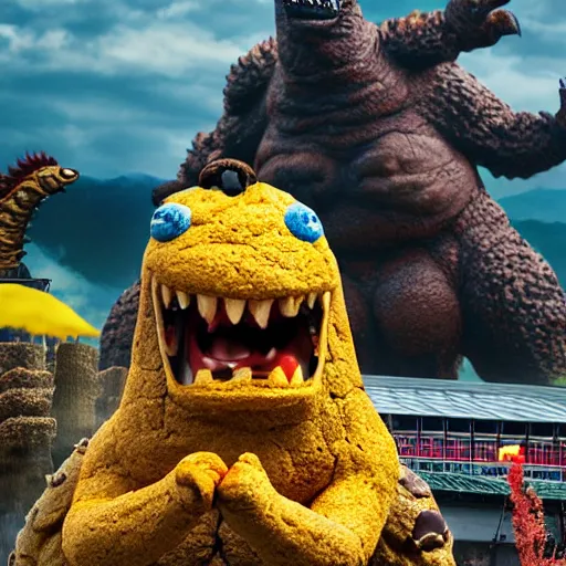 Prompt: Poop monster with corn in it, eating a cookie, godzilla, japan, movie set, 4k, HDR