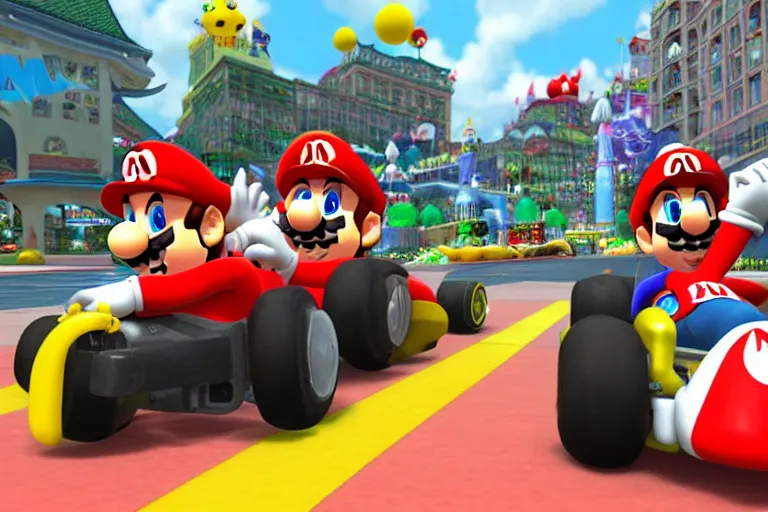 Image similar to mario kart in tiannmen square, ingame screenshot, highly detailed