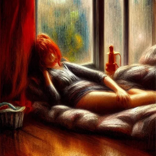 Prompt: on a rainy day, someone in home sits in bed, curled up under the covers, watching the rain outside the window, cinematic, artstation, extremely detailed, intricate, cinematic lighting, art by pierre - auguste renoir