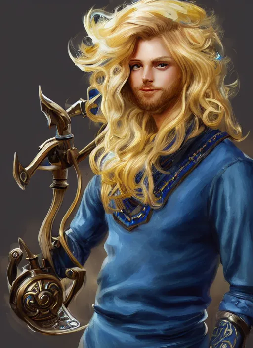 Image similar to a highly detailed illustration of long wavy bright blonde haired effeminate boy wearing blue blacksmith apron and iron mechanical arms, blue eyes, dramatic smiling pose, intricate, elegant, highly detailed, centered, digital painting, artstation, concept art, smooth, sharp focus, league of legends concept art, wlop