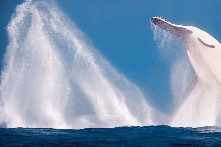 Image similar to underwater photography of a gigantic white whale jumping a wave at nazare