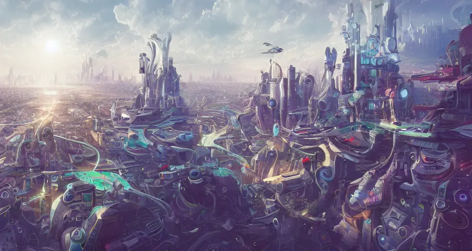 Image similar to view on futuristic city in the horizon, illustration by craola, detailed, sharp, masterpiece, 8 k