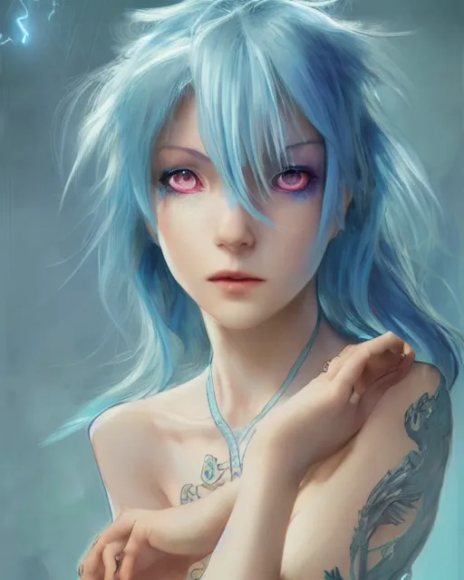 Prompt: pretty girl with a dragon back tattoo, light blue hair, rem rezero, laser lights, sharp focus, digital painting, 8 k, concept art, art by wlop, artgerm, greg rutkowski and alphonse mucha