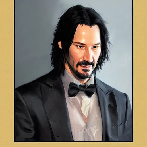 Image similar to portrait of keanu reeves, majestic, elegant, highly detailed, digital painting, artstation, concept art, smooth, sharp focus, illustration, art by artgerm and greg rutkowski and alphonse mucha