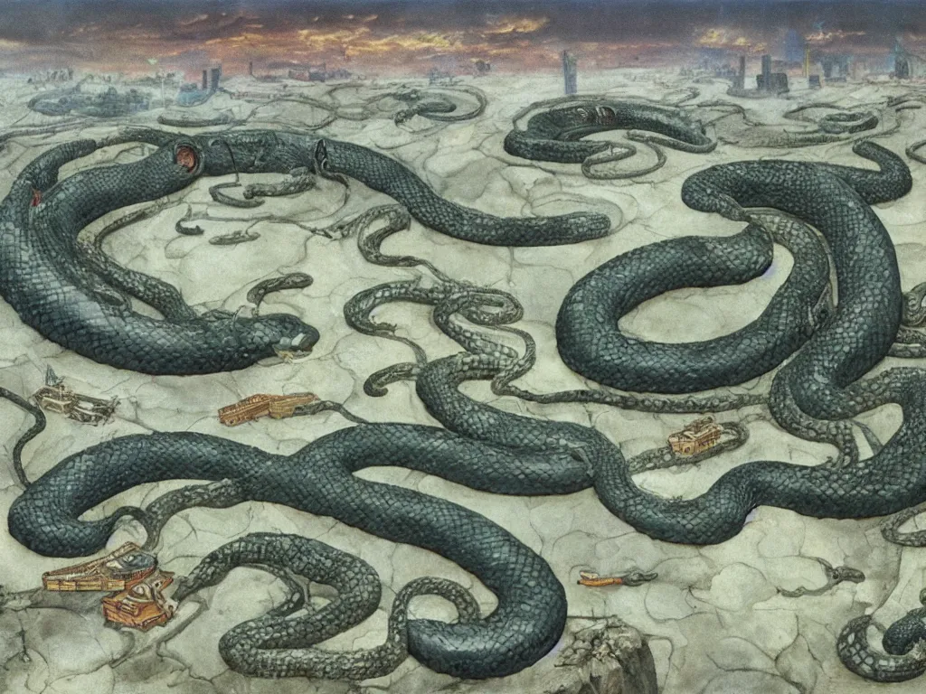 Image similar to Giant anaconda snake coiled around a large white cloud, above a deserted, post-apocalyptic city. Painting by Lucas Cranach, Roger Dean.