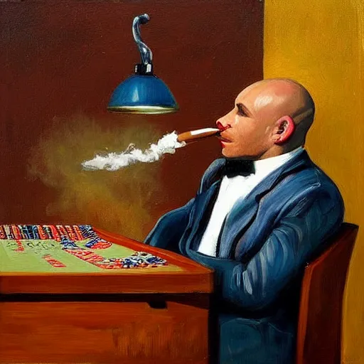 Image similar to a pitbull smoking a cigar while playing poker, painting,