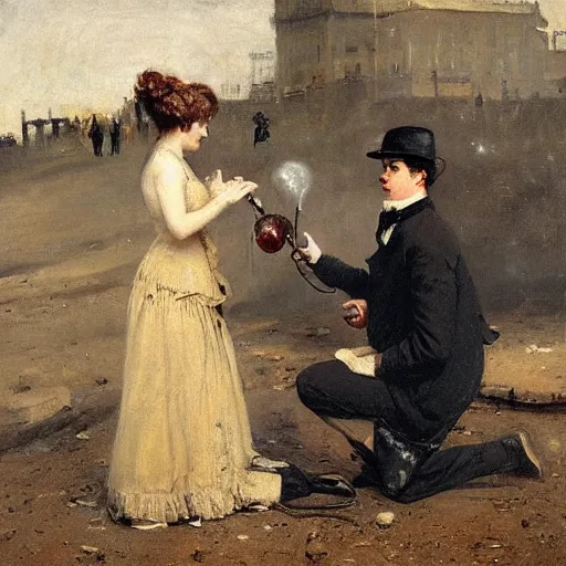 Prompt: young victorian man and woman diffusing a bomb, painted by alfred stevens