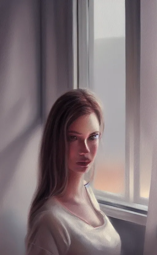 Image similar to oil painting of a beautiful woman in a cozy, comfort home, dimly lit, modern apartment, city from the window, insanely detailed, artstation, digital painting, cinematic lighting