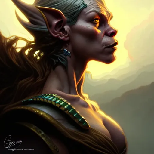 Image similar to An epic fantasy comic book style portrait of a female goblin, stormy setting, movie lightning, intricate, elegant, highly detailed, digital painting, artstation, concept art, matte, sharp focus, illustration, art by Artgerm and Greg Rutkowski and Alphonse Mucha