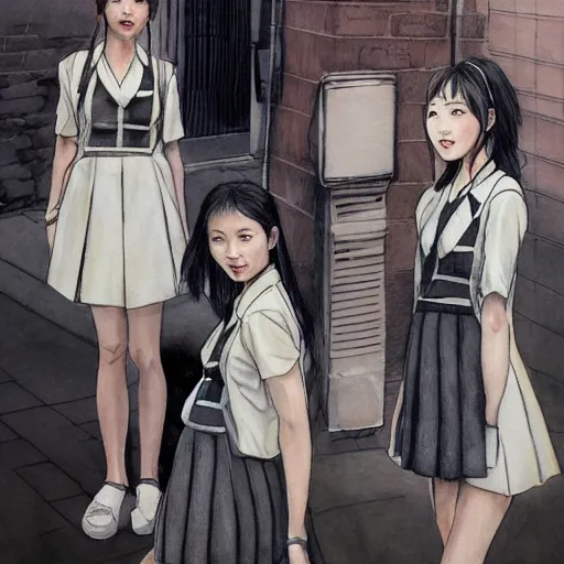 Prompt: a perfect, realistic professional digital sketch of close-up Japanese schoolgirls posing in a sci-fi alleyway, style of Marvel, full length, by pen and watercolor, by a professional American senior artist on ArtStation, a high-quality hollywood-style sketch, on high-quality paper