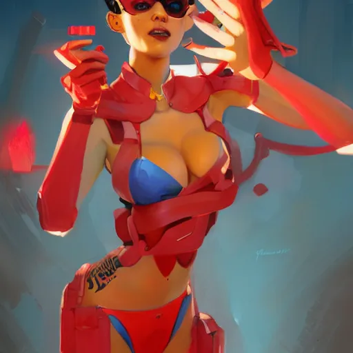 Prompt: pinup overwatch tracer in a futuristic red bikini thong, artwork by sergey kolesov, medium shot, asymmetrical, organic painting, sunny day, matte painting, bold shapes, hard edges, street art, trending on artstation, by huang guangjian and gil elvgren and sachin teng