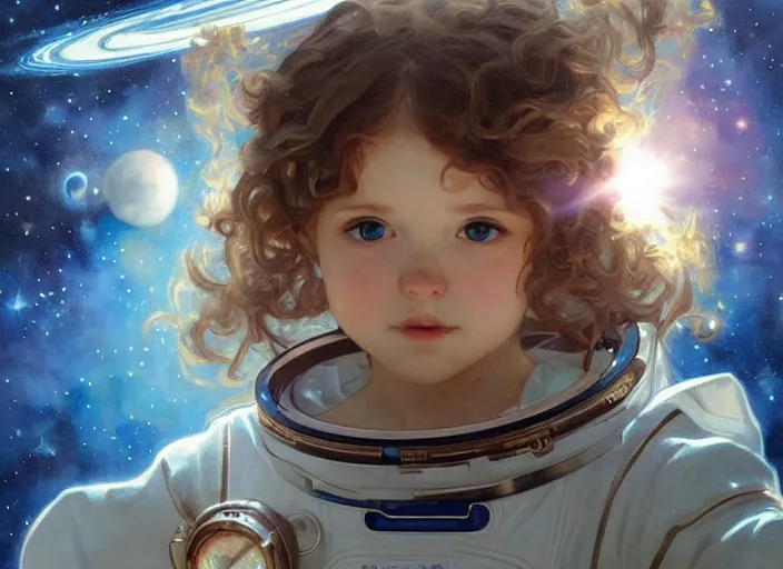 Prompt: a cute little girl with curly light brown hair and blue eyes as an astronait wearing a space suit in space, beautiful fantasy painting by artgerm and greg rutkowski and alphonse mucha
