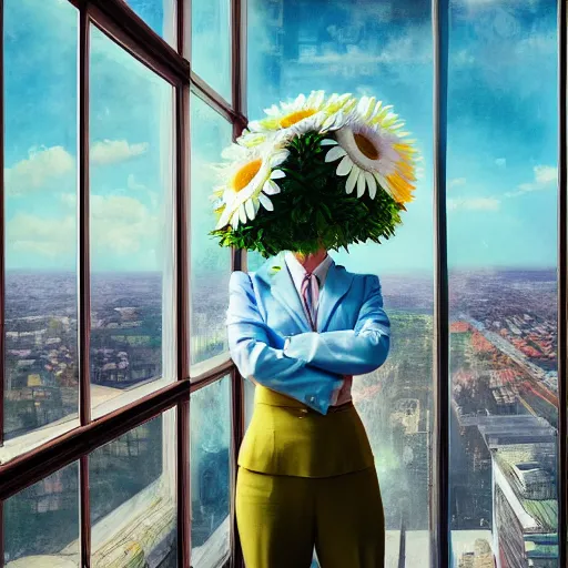 Prompt: huge daisy flower head, woman in suit, standing in a modern window in luxury apartment, surreal photography, sunlight, impressionist painting, digital painting, artstation, simon stalenhag