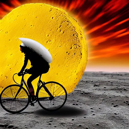 Image similar to a wheel of cheese is cycling fast on a bike on the surface of the moon and drives away from a huge and dangerousmushroom cloud of a nuclear explosion. photorealistic