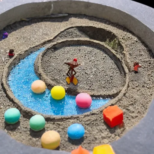 Prompt: a tiny clay pool model full of resin as water, resin and clay art.