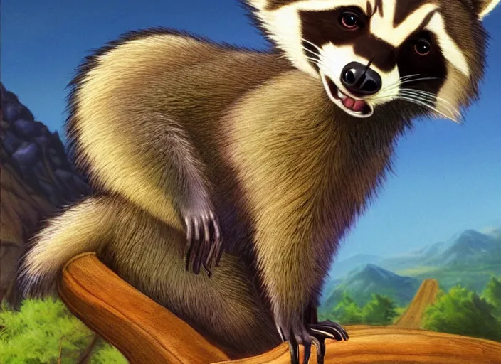 Image similar to official artwork of a raccoon character by don bluth, beautiful artwork, volumetric shading, high quality cartoon.