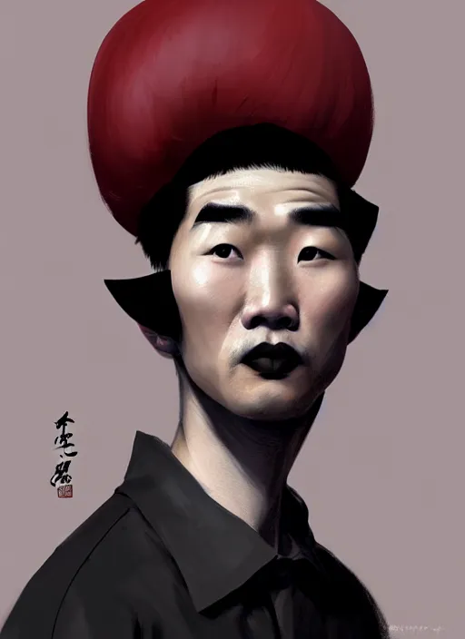 Image similar to portrait of a chinese man with a crooked nose and a confident expression, 1 9 6 0 s, black clothes, goth, punk, brightly coloured hair, funk, intricate, elegant, highly detailed, digital painting, artstation, concept art, smooth, sharp focus, illustration, art by wlop, mars ravelo and greg rutkowski