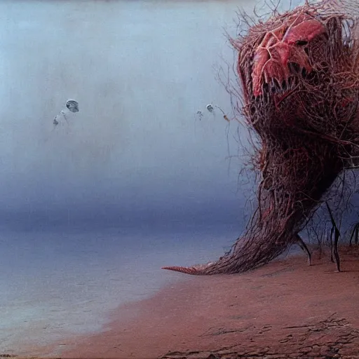 Prompt: decaying salmon on the beach, spiders, by beksinski, 4 k, ultra realistic, highly detailed.