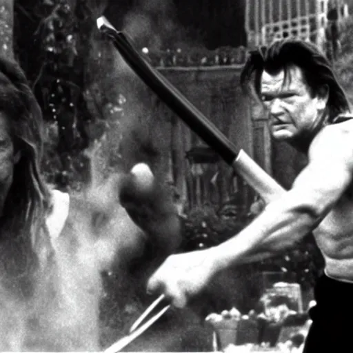 Prompt: cinematic still, Jack Burton throwing a knife at Lo Pan, amazing shot