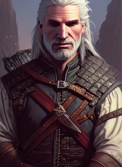 Image similar to Highly detailed portrait of Geralt of Rivia, Stephen Bliss, unreal engine, fantasy art by Greg Rutkowski, Loish, Rhads, ferdinand knab, Makoto Shinkai and Lois van baarle, ilya kuvshinov, rossdraws, Tom Bagshaw, alphonse mucha, global illumination, radiant light, detailed and intricate environment