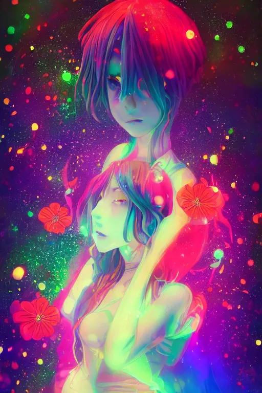 Image similar to psychedelic, whimsical, anime, 4k, beautiful intimate woman with professional makeup, long trippy hair, a crystal and flower dress, sitting in on a reflective pond underneath the stars, rainbow fireflies, trending on patreon, deviantart, twitter, artstation, volumetric lighting, heavy contrast, art style of Ross Tran and Ilya Kuvshinov