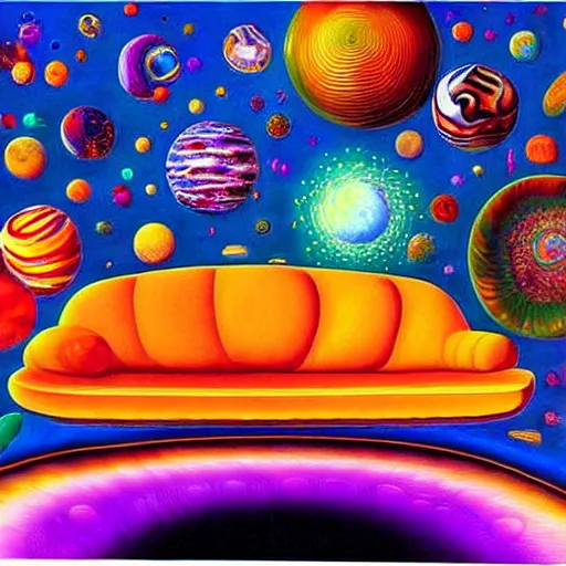 Prompt: psychedelic trippy couch in space, planets, milky way, sofa, cartoon by rob gonsalves and dale chihuly