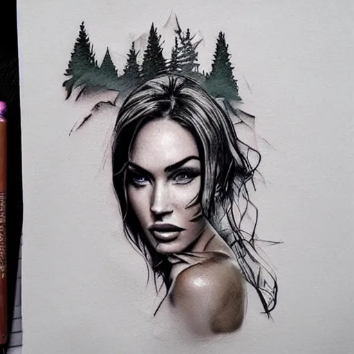 Image similar to double exposure effect tattoo design sketch of megan fox with beautiful mountain scenery, hyper - realistic, in the style of den yakovelev, amazing detail, sharp