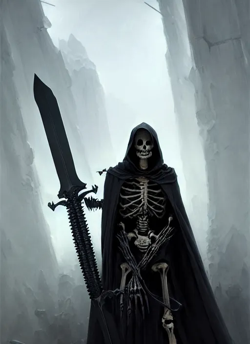 Image similar to portrait of a skeleton in a dark cloak holding a large translucent claymore sword made from the souls of the dead, intricate, elegant, highly detailed, digital painting, artstation, concept art, smooth, sharp focus, illustration, art by wlop, mars ravelo and greg rutkowski