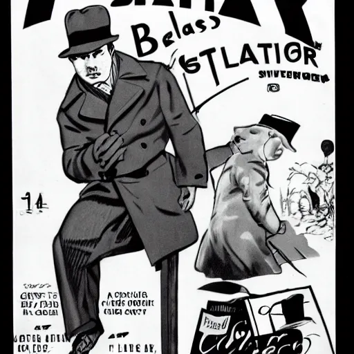 Image similar to baby seal dressed as a private investigator wearing a fedora and trench coat, black and white, pulp comic, by chester gould 1 9 3 2