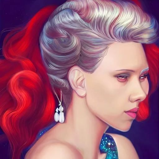 Image similar to “Scarlett Johansson portrait, fantasy, mermaid, cartoon, pearls, glowing hair, ”