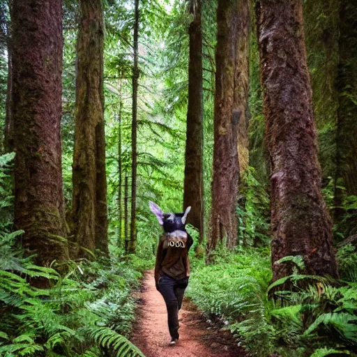 Image similar to lush forest trail, friendly skinwalker posing for camera, smiling, cryptid, professional photography