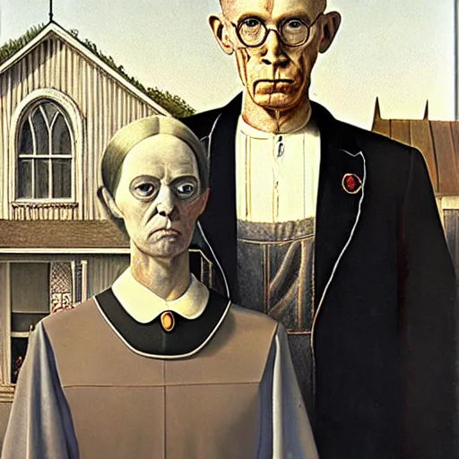 Image similar to baphomet and aleister crowley in the style of american gothic