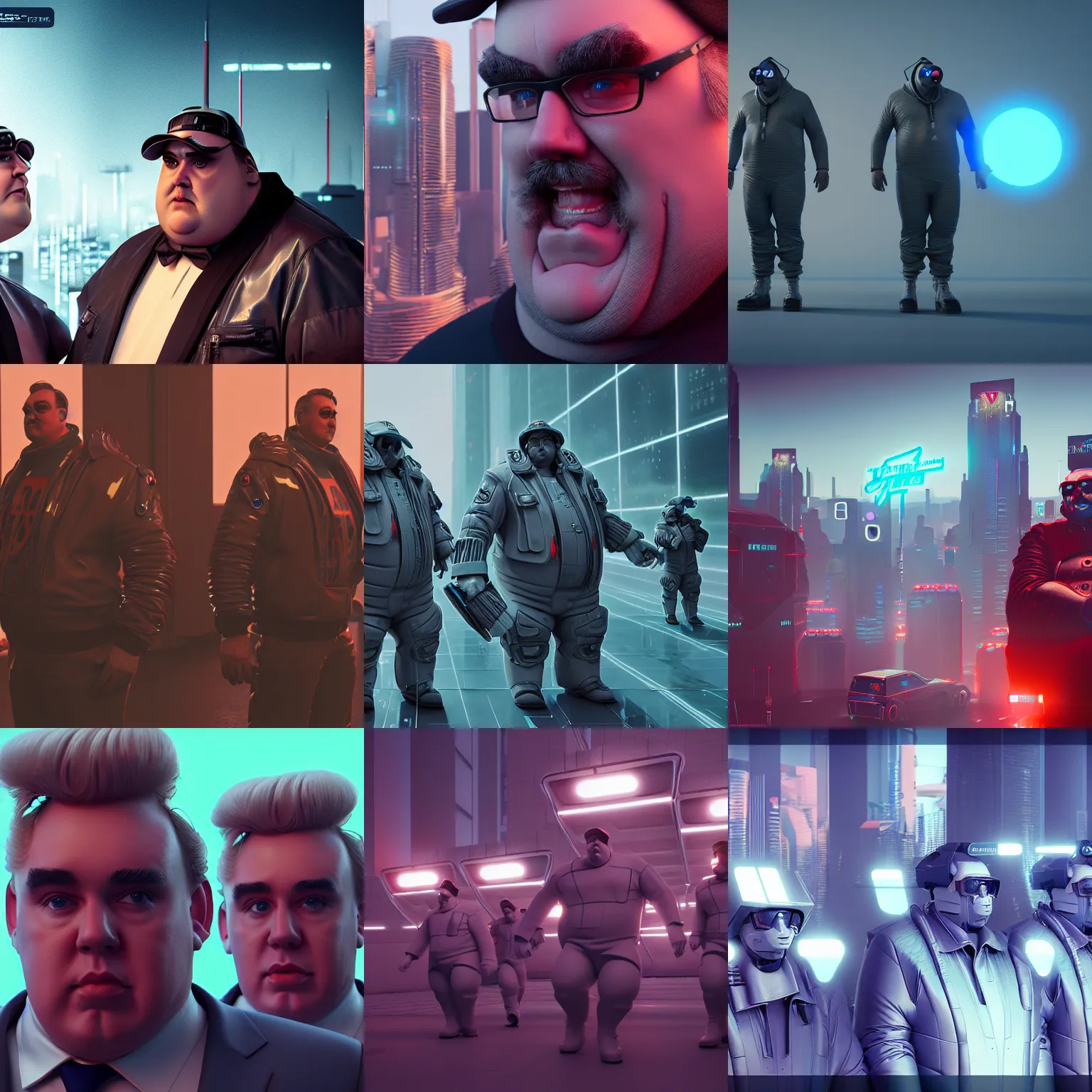 Prompt: john candy clones in the metaverse, cyberpunk, digital art, trending on artstation, octane render