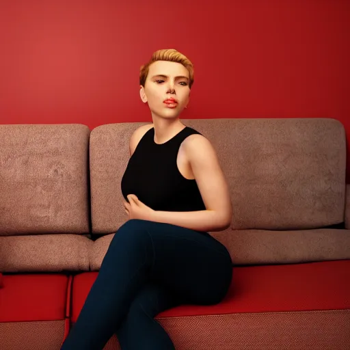 Image similar to scarlett johansson sitting on a couch, highly detailed, photorealistic portrait, bright studio setting, studio lighting, crisp quality and light reflections, unreal engine 5 quality render